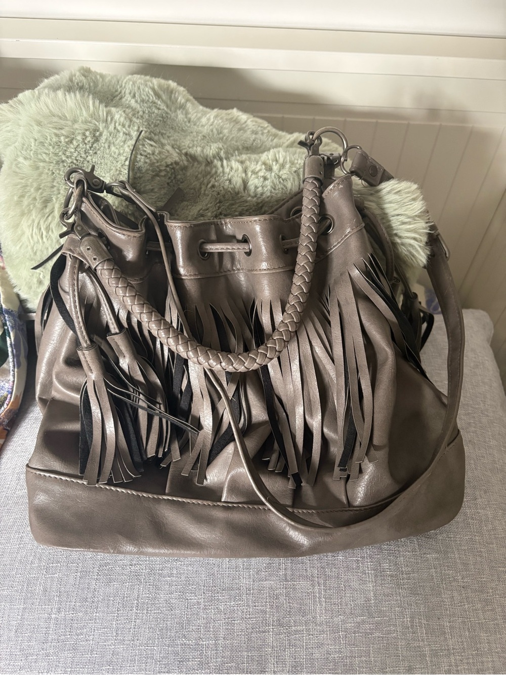 Fringed Shoulder Bag in Taupe Faux Leather